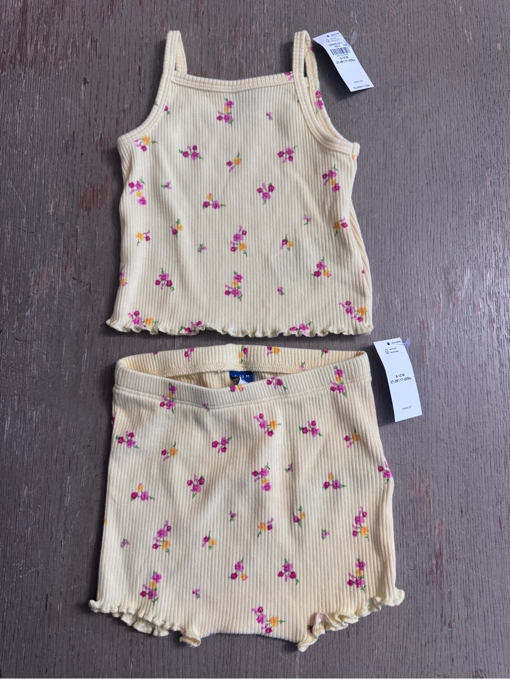 Old Navy Cream Ribbed Floral Tank & Shorts Set with Pink and Yellow Flowers
